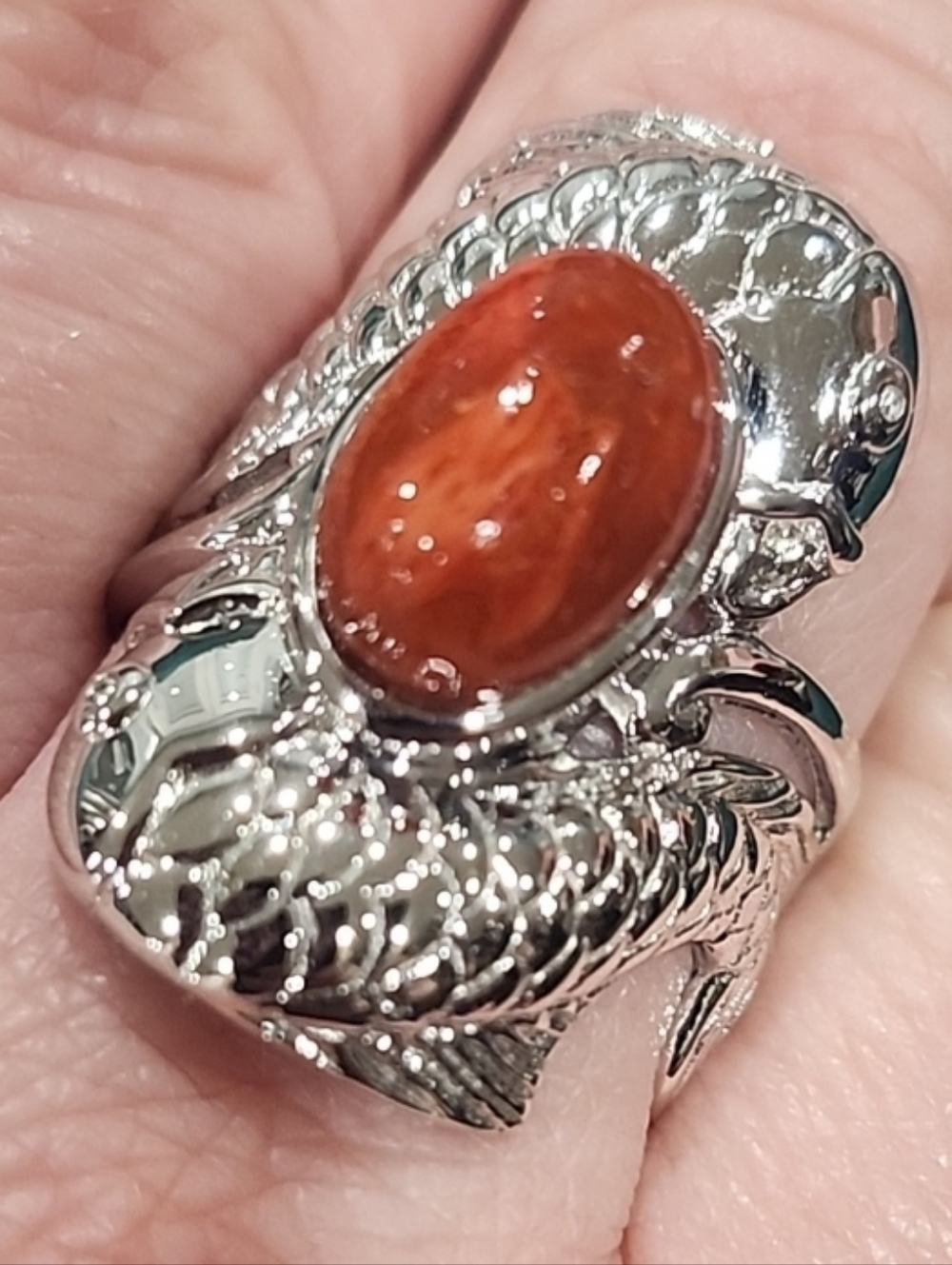 NWT JTV Oval Red Sponge Coral Sterling Silver Koi Ring